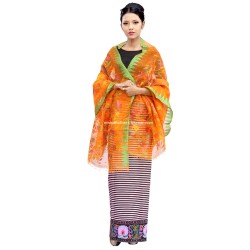 Classy Orange Colour Muga Silk Rani Phi Handmade Traditional Shawl - Green border