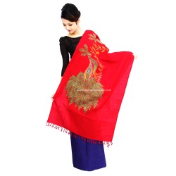 Classy Red Color Embroidered Wool Shawl with Peacock Pattern 