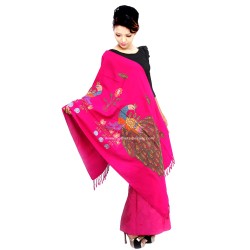 Elegant deep pink Color Embroidered Wool Shawl with Peacock 